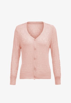 Jasnoróżowy sweter z dzianiny z dekoltem w kształcie litery V, długimi rękawami i pięcioma guzikami z przodu. Teksturowany wzór materiału w całej powierzchni.