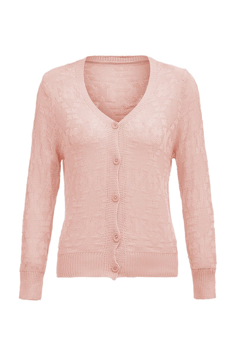 Cardigan lavorato a maglia rosa chiaro con scollo a V, maniche lunghe e cinque bottoni sul davanti. Tessuto con motivo testurizzato su tutta la superficie.