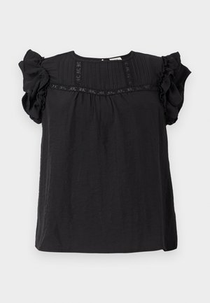 Svart bluse med korte volangermer, teksturert stoff, plisserte detaljer foran, og en avslappet, løs passform.