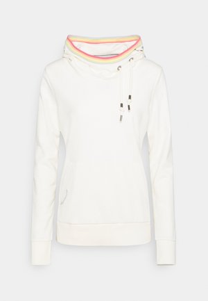 Witte hoodie met lange mouwen, kangoeroezak, capuchon met trekkoord en regenbooggestreepte binnenkraag.