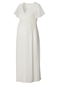 Robe de maternité blanche avec manches courtes évasées, décolleté croisé et taille élastiquée pour une silhouette fluide. Tissu doux avec un tombé léger.