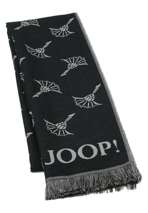 Sort tørklæde med et gråt vinge-design og teksten "JOOP!" nederst, afsluttet med frynser. Blødt, tekstureret stof.