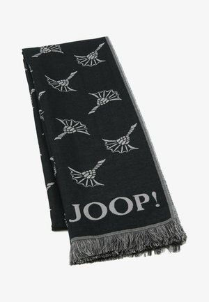 Écharpe noire avec un motif ailé gris et le texte "JOOP!" en bas, avec des bords effilochés. Tissu doux et texturé.