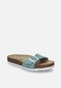 Sandalo slide in pelle teal con suola in gomma bianca, cinturino regolabile con fibbia in argento e plantare in sughero imbottito.