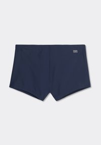Herren-Badehosen, marineblau, aus glattem Material, rechteckige Form, mit einem kleinen Logostick auf dem hinteren Bund.