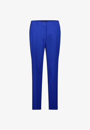 Helleblaue maßgeschneiderte Hose aus glattem Stoff, mit einem einzigen Knopfverschluss, Gürtelschlaufen und vorderen Falten.