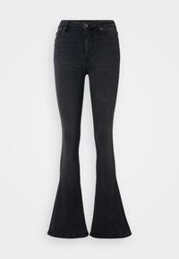 Black flared jeans with a high waist, made of denim. Features a zip and button closure, five pockets, and a smooth texture.