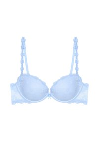 Lyseblå blonde-bh med blomsterprint, justerbare stropper og en lille sløjfe med roser foran i midten.