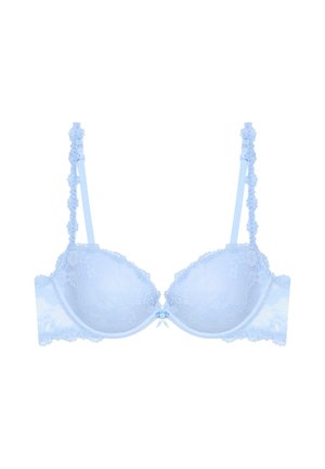 Hellblauer Spitzen-BH mit Blumenmustern, verstellbaren Trägern und einer kleinen Schleife mit Rosen in der Mitte vorne.