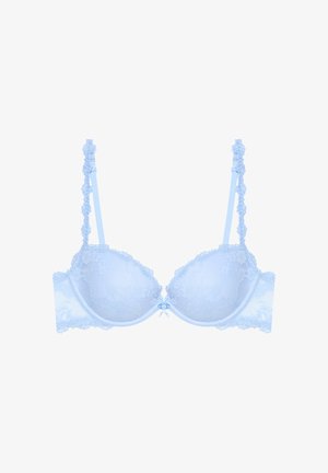 Reggiseno in pizzo blu chiaro con motivi floreali, spalline regolabili e un piccolo fiocco con rose al centro davanti.