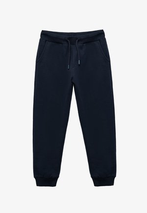 Dunkelblaue Sweatpants aus weichem Stoff, mit einem elastischen Bund und Kordelzug, seitlichen Taschen und gerippten Bündchen.