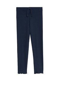 Leggings azul marino hechos de tejido suave, con cintura ajustable y dobladillo en forma de concha para un diseño ajustado y una comodidad óptima.