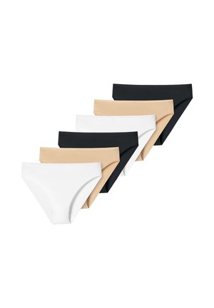 Sechs nahtlose Damen-Bikini-Slips in Schwarz, Beige und Weiß, angeordnet in zwei diagonalen Reihen auf weißem Hintergrund.
