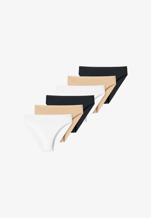 Six seamless women's bikini briefs in black, beige, and white, arranged in two diagonal rows on a white background.