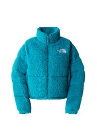 Azurově modrá fleecová bunda s vysokým límcem a předním zipem. Má prošívaný vzor a malé logo na levé straně hrudníku.