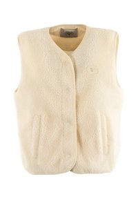Gilet en polaire de couleur blanc cassé avec une surface texturée et duveteuse. Présente un col rond, des boutons sur le devant et deux poches latérales.