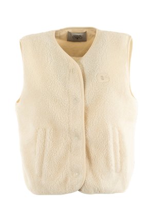 Fleece vest in off-white with a textured, fluffy surface. Features a round neck, front buttons, and two side pockets.