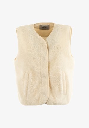 Gilet en polaire de couleur blanc cassé avec une surface texturée et duveteuse. Présente un col rond, des boutons sur le devant et deux poches latérales.