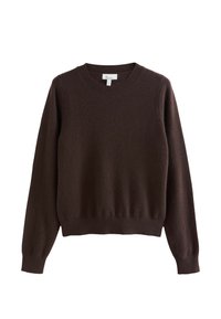 Brun tröja gjord av mjukt, lättviktigt tyg. Har rund halsringning och långa ärmar med ribbade muddar och fåll. Enkelt, minimalistiskt design.