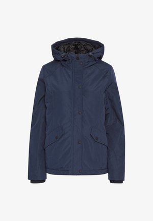 Navy blue hooded jacket with a zip and snap closure, featuring two front pockets and elastic cuffs for added comfort.