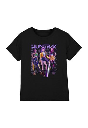 Black t-shirt with three stylized female characters in colorful futuristic outfits and the word "HUNTRX" repeated in purple behind them.