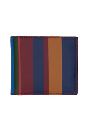 Portafoglio pieghevole in pelle liscia, con strisce verticali blu, verde, marrone e bordeaux. Bordature cucite, forma rettangolare compatta.
