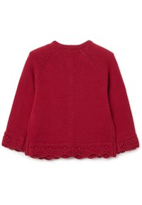 Roter gestrickter Pullover mit gewelltem Saum und intricater Spitzenverzierung an den Bündchen. Verfügt über einen klassischen Rundhalsausschnitt und Raglanärmel.