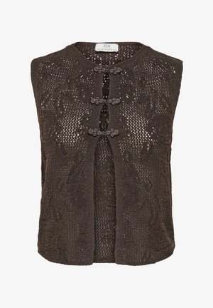 Gilet sans manches en crochet marron foncé avec trois fermetures décoratives en nœuds et un col rond.