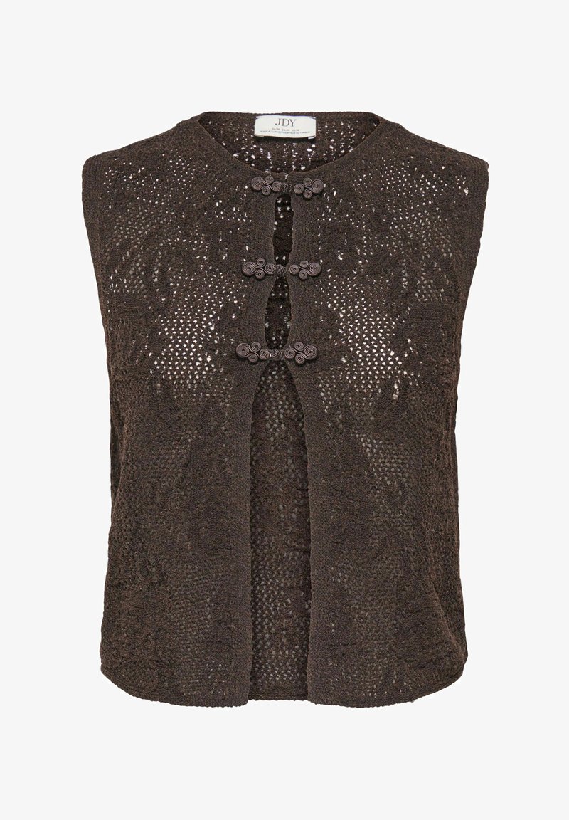 Gilet sans manches en crochet marron foncé avec trois fermetures décoratives en nœuds et un col rond.