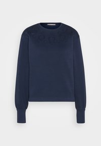 Felpa a maniche lunghe blu navy in cotone, con ricami floreali sulle spalle e polsini arricciati. Design dal taglio casual.