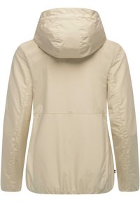Beige, kevyt takki, jossa on huppu, sileä tekstuuri ja yksinkertainen muotoilu. Takana ei ole näkyviä kiinnittimiä tai koriste-elementtejä.