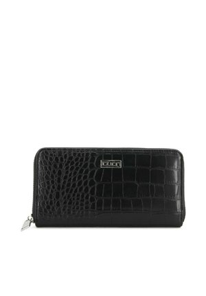Portafoglio nero con zip su tutto il perimetro, effetto pelle di coccodrillo e placca logo in metallo color argento sul davanti.