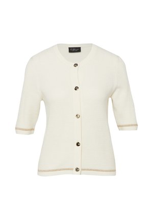 Witte gebreide cardigan met korte mouwen, voorzien van vijf gouden knopen aan de voorkant en gouden biezen aan mouwen en zoom.