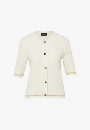 Biały krótki kardigan z dzianiny z pięcioma złotymi guzikami z przodu oraz złotym obszyciem na rękawach i krawędzi dolnej.