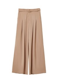 Pantaloni beige a gamba larga con vita regolabile, frontale plissettato, tasche laterali e una texture liscia. Design su misura adatto a varie occasioni.