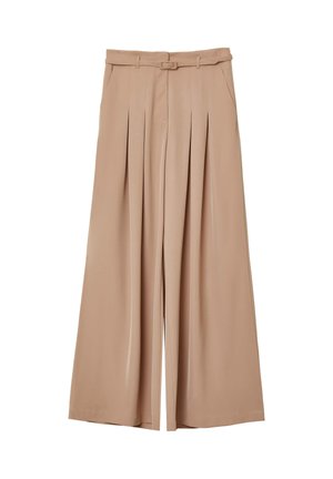 Beige weite Hosen mit tailliertem Bund, gefaltetem Vorderteil, seitlichen Taschen und glatter Textur. Ma�ßgeschneiderter Schnitt, geeignet für verschiedene Anlässe.