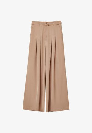 Beige weite Hosen mit tailliertem Bund, gefaltetem Vorderteil, seitlichen Taschen und glatter Textur. Maßgeschneiderter Schnitt, geeignet für verschiedene Anlässe.