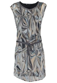 Robe sans manches au motif marbré fluide de gris, beige et bleu clair. Tissu doux avec une ceinture nouée à la taille, décolleté rond.