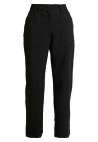 Schwarze Hosen aus gewebtem Stoff, mit zwei Fronttaschen, Reißverschluss und geradem Bein. Glatte Textur mit maßgeschneiderter Verarbeitung.