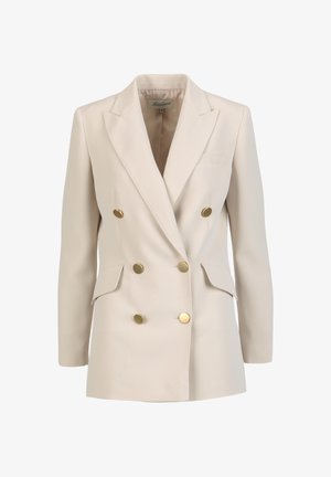 Beige double-breasted blazer van gladde stof, met gouden knopen, twee voorzakken en een strak revers.