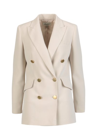 Blazer beige croisé en tissu lisse, doté de boutons dorés, de deux poches avant et d'un design élégant de revers.