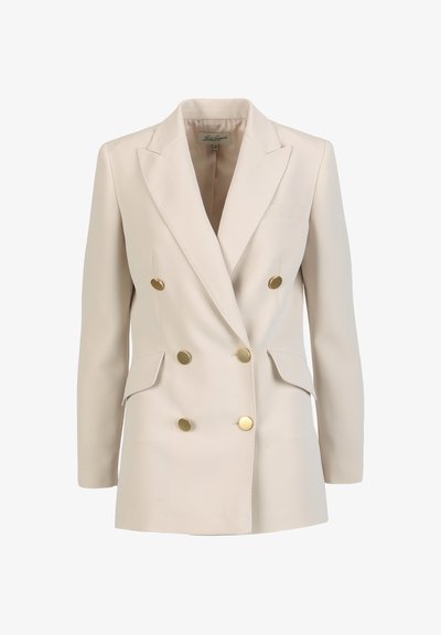 Blazer beige croisé en tissu lisse, doté de boutons dorés, de deux poches avant et d'un design élégant de revers.