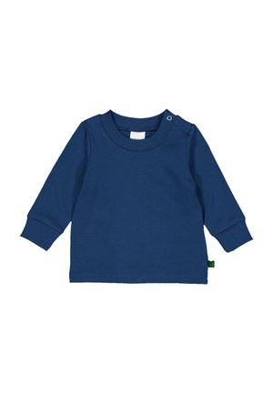 Granatowa longsleeve z miękkiej bawełny. Posiada okrągły dekolt oraz zapięcie na napy, z prążkowanymi mankietami i małym zielonym logo na dolnym końcu.