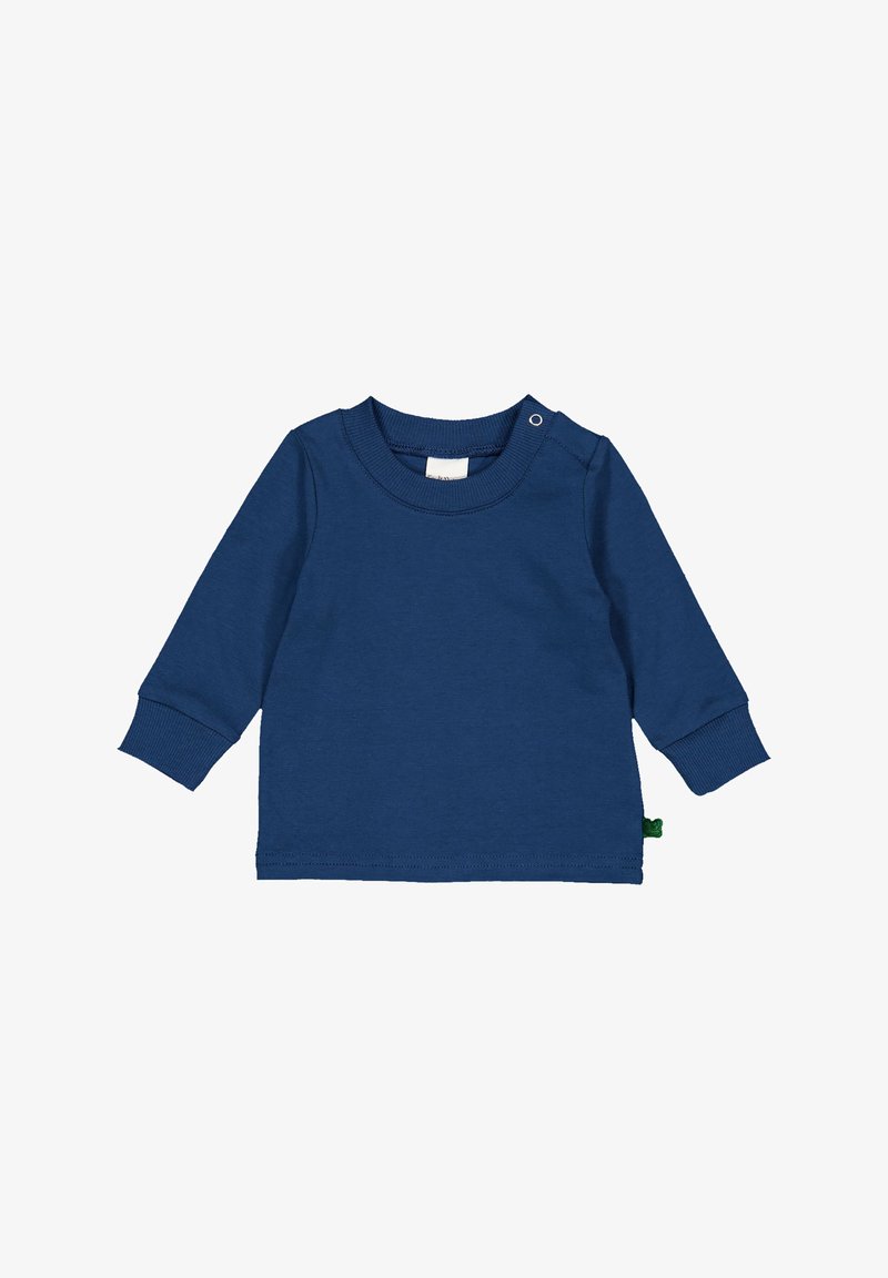 Navyblaue Langarmbluse aus weichem Baumwollstoff. Mit Rundhalsausschnitt und Druckknopfverschluss, gerippten Bündchen und einem kleinen grünen Logo am Saum.