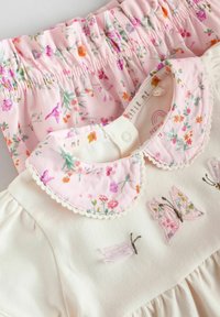 L'ensemble robe se compose d'un haut rose à motifs floraux avec un col bordé de dentelle et une base ivoire ornée de détails brodés de papillons.