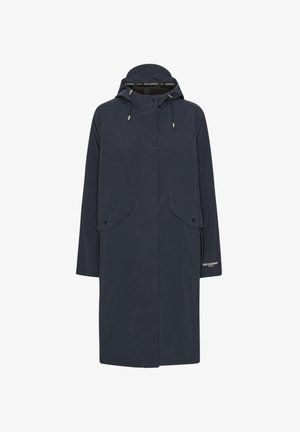 Imperméable navy avec une capuche, deux poches avant, un cordon de serrage et des accents de marque sur le col intérieur et le poignet. Tissu léger.