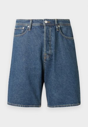 Short en denim bleu foncé. Design classique à cinq poches avec surpiqûres visibles et fermeture par bouton à la taille. Ourlet retroussé aux jambes.
