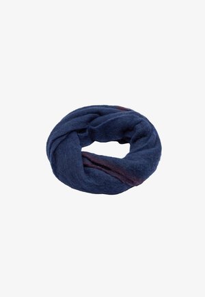 Granatowy okrągły szalik wykonany z miękkiego, teksturowanego materiału; ma skręconą formę z subtelnymi burgundowymi akcentami.