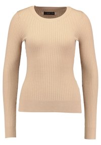 Pull long en maille côtelée beige clair, avec un col rond, une silhouette ajustée et une légère élasticité. Texture douce et couture uniforme sur l'ensemble.