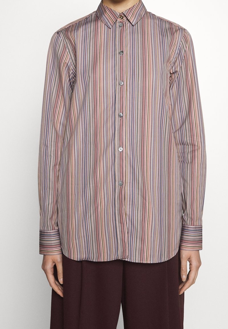 Chemise à manches longues boutonnée avec des rayures verticales multicolores dans des tons de rouge, bleu et beige, portée avec un pantalon foncé.